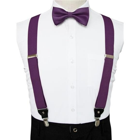 Mens Solid Color Suspenders Adjustable Y Back with Matching Silk Bow Tie Set - Picture 3 of 6